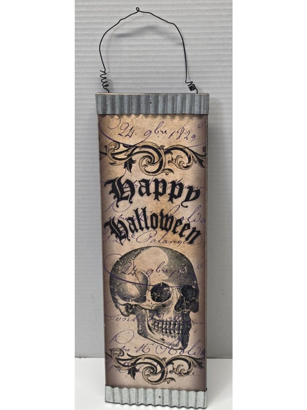 Halloween Skull Wall Hanging Sign Happy Halloween Gothic Wood Metal 16.5"